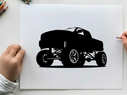 Silhouette of a large black monster truck on a white background