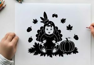 Native american child silhouette in autumn leaves and pumpkin