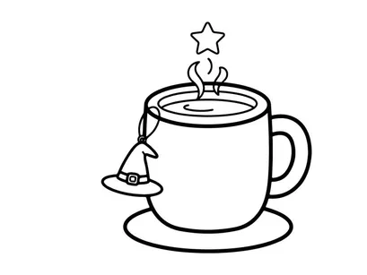 Halloween coffee mug coloring page. Witch hat icon with hot beverage line art illustration.