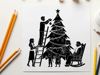 Family decorating christmas tree with silhouette of people and kids