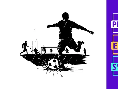 Soccer player kicking ball in rain with teammates in background on field