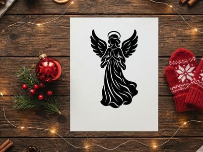 Black silhouette of a praying angel with wings, isolated on a white background.