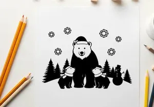 A polar bear family silhouette in winter wonderland scene