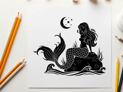 Mermaid silhouette sitting on rock under crescent moon