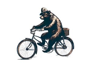 Vintage Bear riding a bike in floral countryside road, isolated in white background.