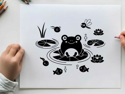 Frog silhouette sitting on a lily pad surrounded by aquatic life silhouette