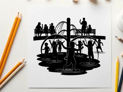 Silhouette of children playing in a splash pad on a sunny day