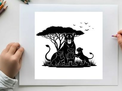 Lioness and cubs silhouette under tree with birds flying overhead savannah scene