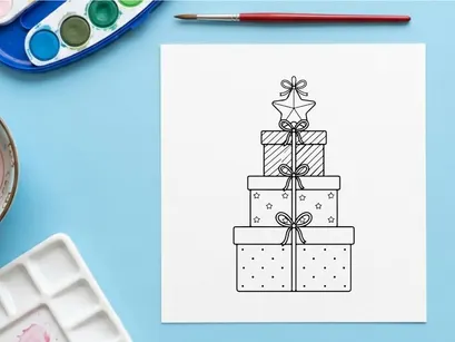 Stack of Christmas gift boxes with bows and star topper in black and white line art