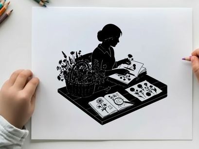 Silhouette of a woman studying botanical illustrations and flowers