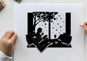 A person sitting by a rainy window reading a book
