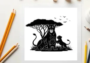Lioness and cubs silhouette under tree with birds flying overhead savannah scene