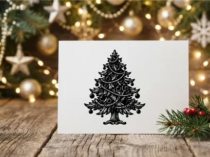 Hand drawn Christmas tree illustration with ornaments and garlands in black and white.