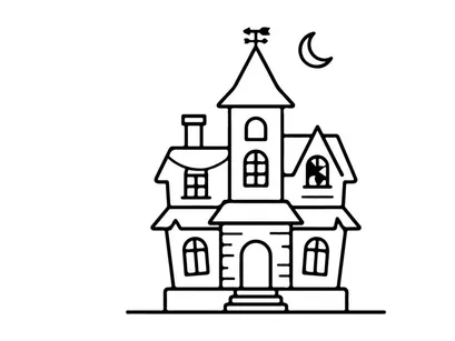 Ilustración de casa embrujada con arte lineal y luna. Dibujo vectorial de mansión clásica espeluznante para proyectos de diseño de Halloween.