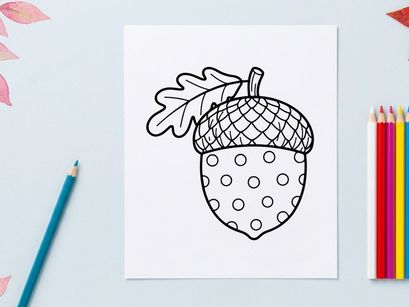 Cute acorn with polka dots outline. Hand drawn forest nut icon for coloring page.