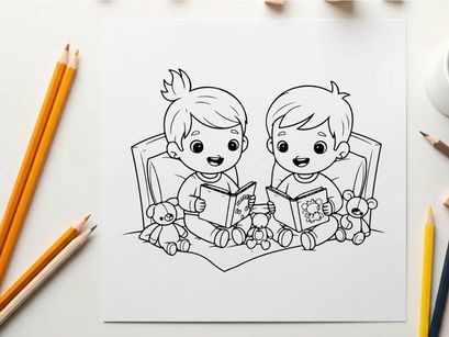 Children reading with teddy bears vector illustration flat design