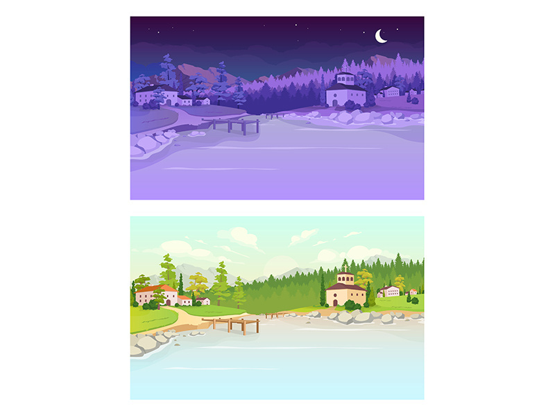 Day and night village flat color vector illustration