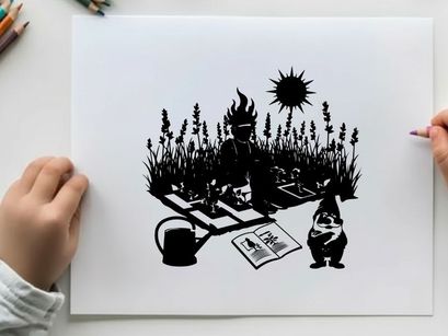 Silhouette of a person in a garden with gnome