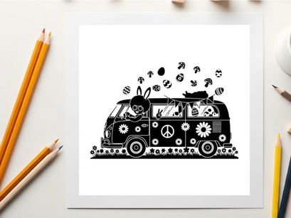 Silhouette of a decorated van with peace signs and flowers