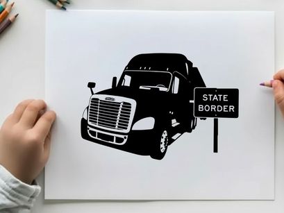 Black silhouette semi truck at a state border crossing