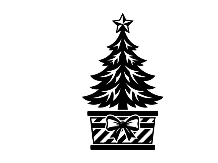 Black and white Christmas tree icon with star and gift box bow design