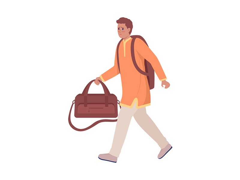 Male asylum-seeker with luggage and backpack flat color vector character
