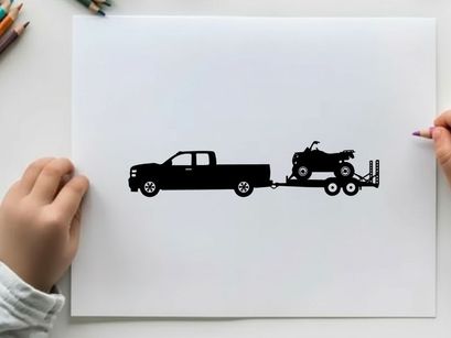 Silhouette of a pickup truck towing a trailer with a lawn mower silhouette