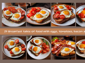 Breakfast table of food with eggs, tomatoes, bacon and bread preview picture