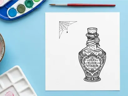 Vintage potion bottle illustration. Hand drawn magic elixir flask for fantasy design.