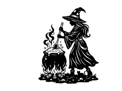 Ilustrasi Siluet Penyihir Sedang Melakukan Mantra dengan Kuali dalam Warna Hitam Putih