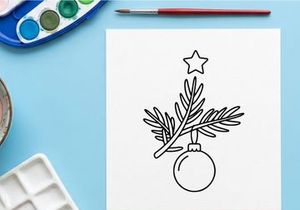 Rama de árbol de Navidad con adorno colgante e icono de estrella, ilustración minimalista de línea.