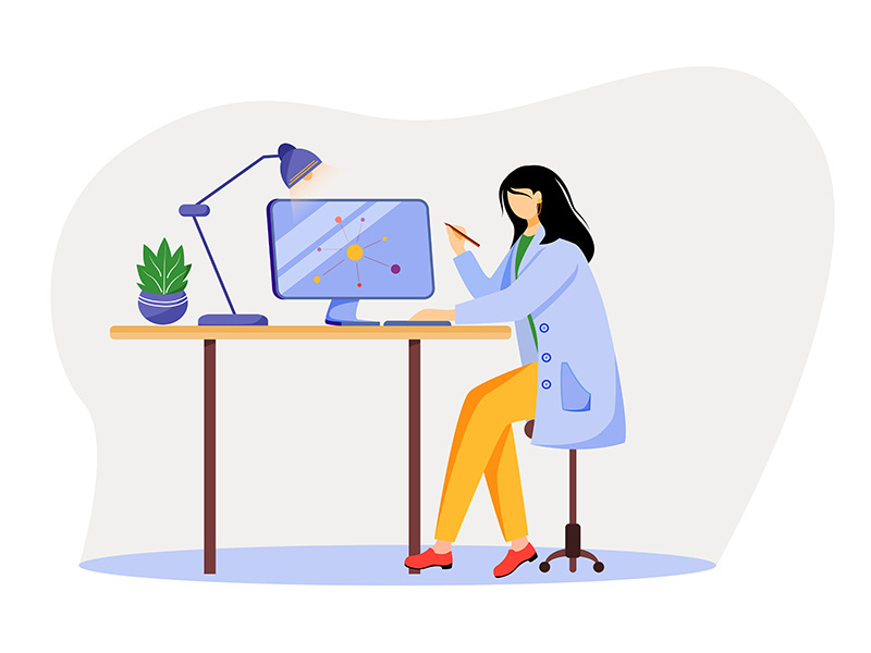 Scientist at working place flat vector illustration