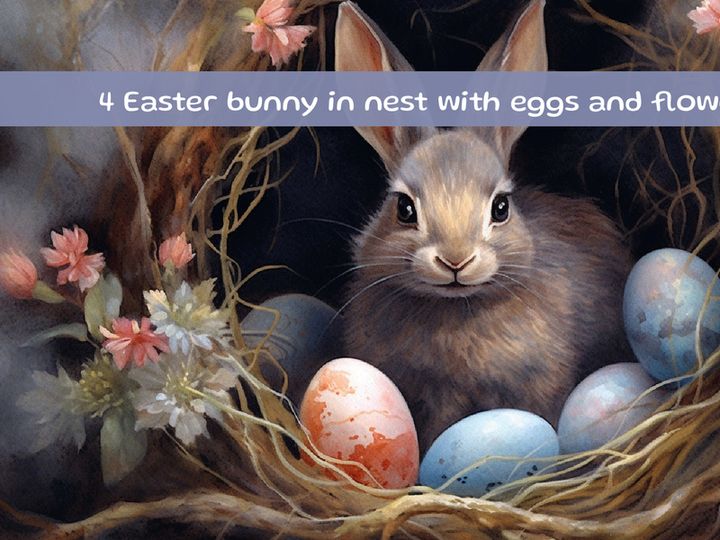 Easter bunny in nest with easter eggs and spring flowers