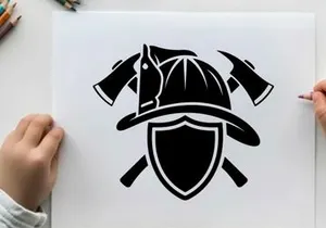 Firefighter silhouette logo with helmet shield axes and coat