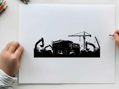 Construction site silhouette with excavators and crane