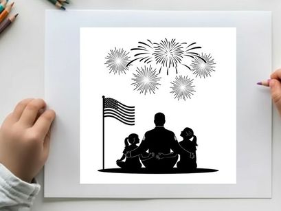 Patriotic family silhouette watching fireworks on 4th of july