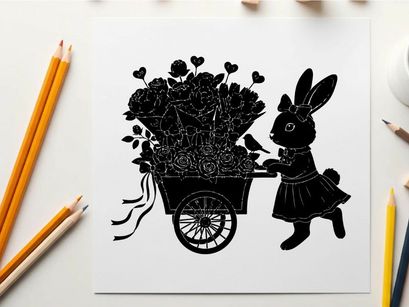 Silhouette of a rabbit pushing a flower cart with bouquet