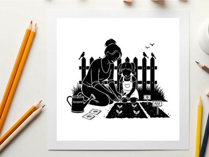 Silhouette of a woman and child planting seeds in a garden