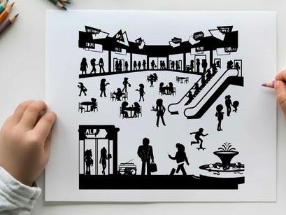 Silhouette of people in a busy shopping mall interior