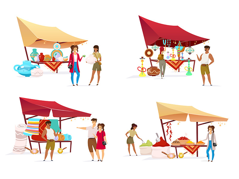 Tourists at eastern bazaar flat color vector faceless characters set