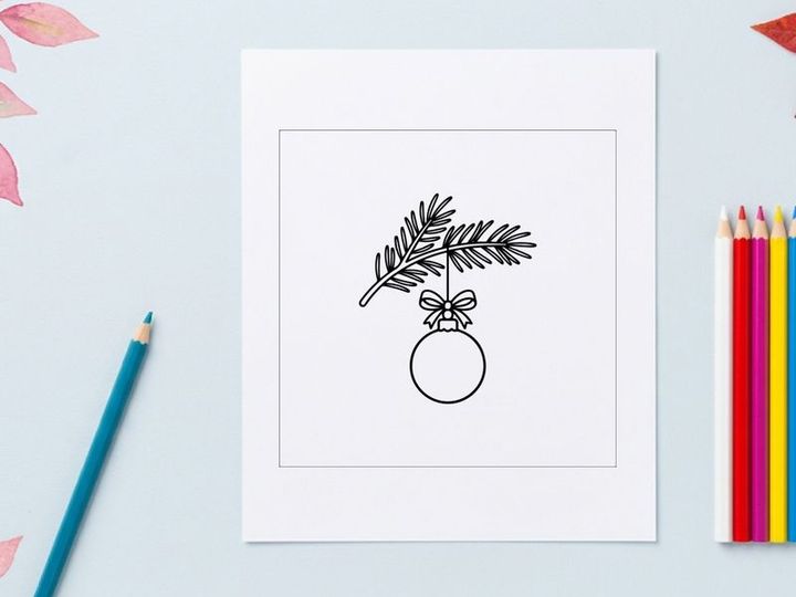 Hand-drawn Christmas wreath ornament with pine sprigs and decorative bow for festive holiday decor