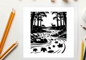 Black and white forest scene with silhouette of deer by a stream