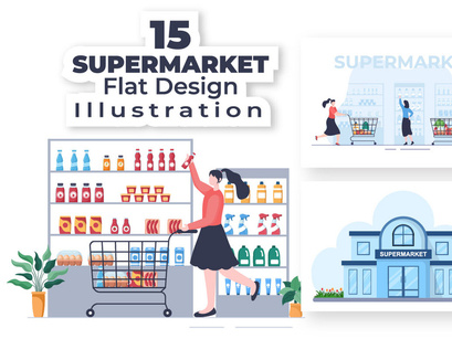 15 Supermarket Shopping Cartoon Illustration