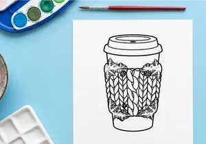 Coffee cup with knitted cozy sleeve, winter holiday beverage illustration