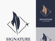 Feather and signature logo design minimalist business symbol sign template illustration