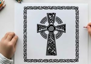 Celtic cross silhouette with intricate knotwork design and border