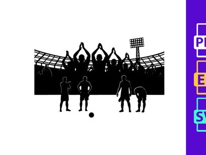 Silhouette of soccer players and fans in a stadium with raised hands