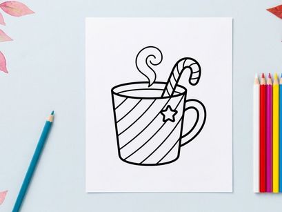 Hand-drawn Christmas mug with candy cane and steam for festive holiday celebrations