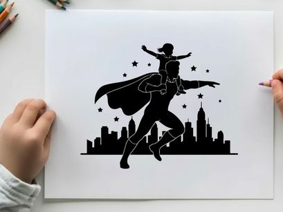 Superhero silhouette flying over cityscape with cape and stars