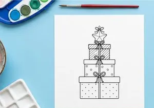 Stack of Christmas gift boxes with bows and star topper in black and white line art